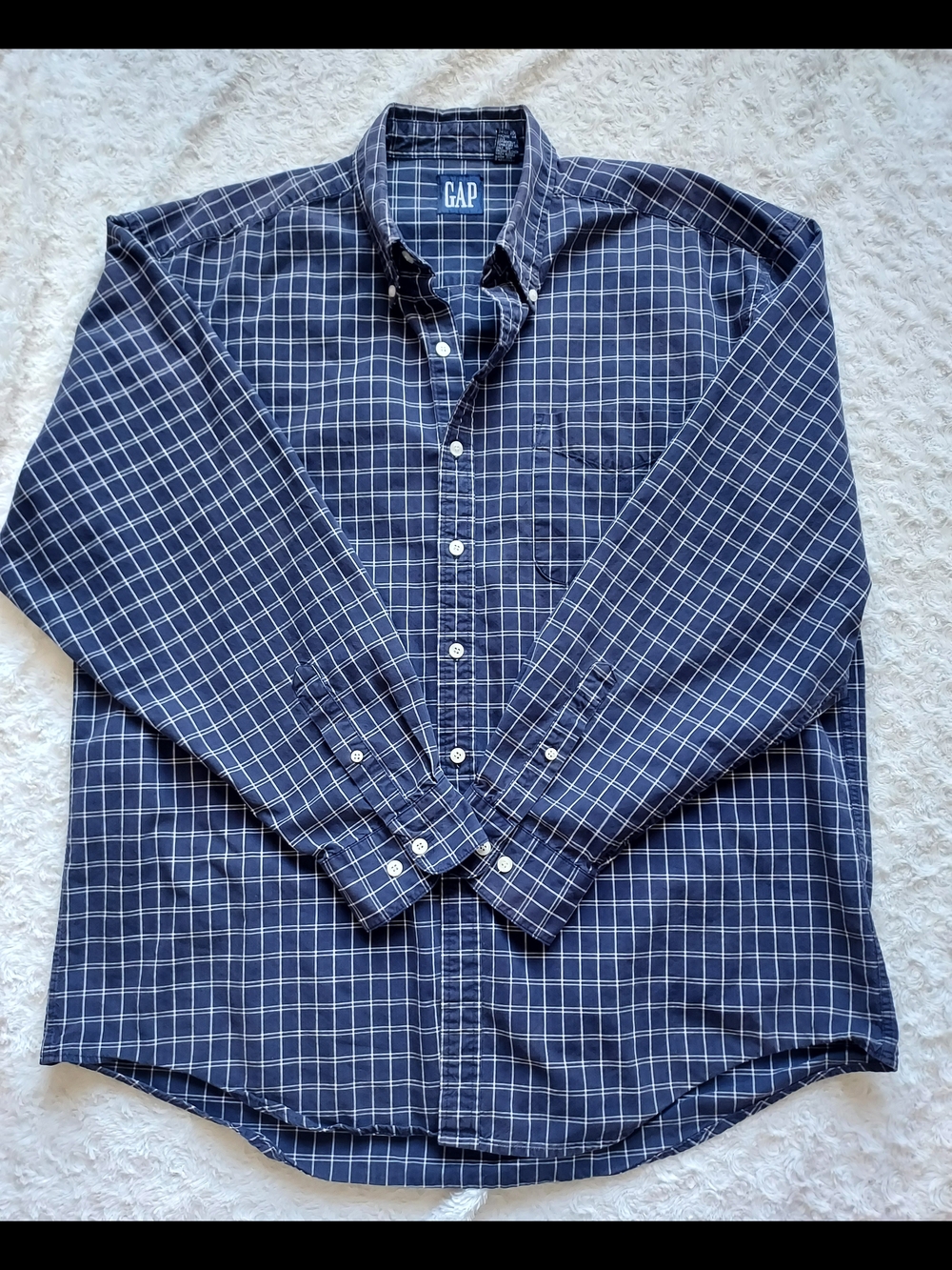 GAP Classic Cotton XL Navy & White Windowpane Plaid Button-down Shirt Fall